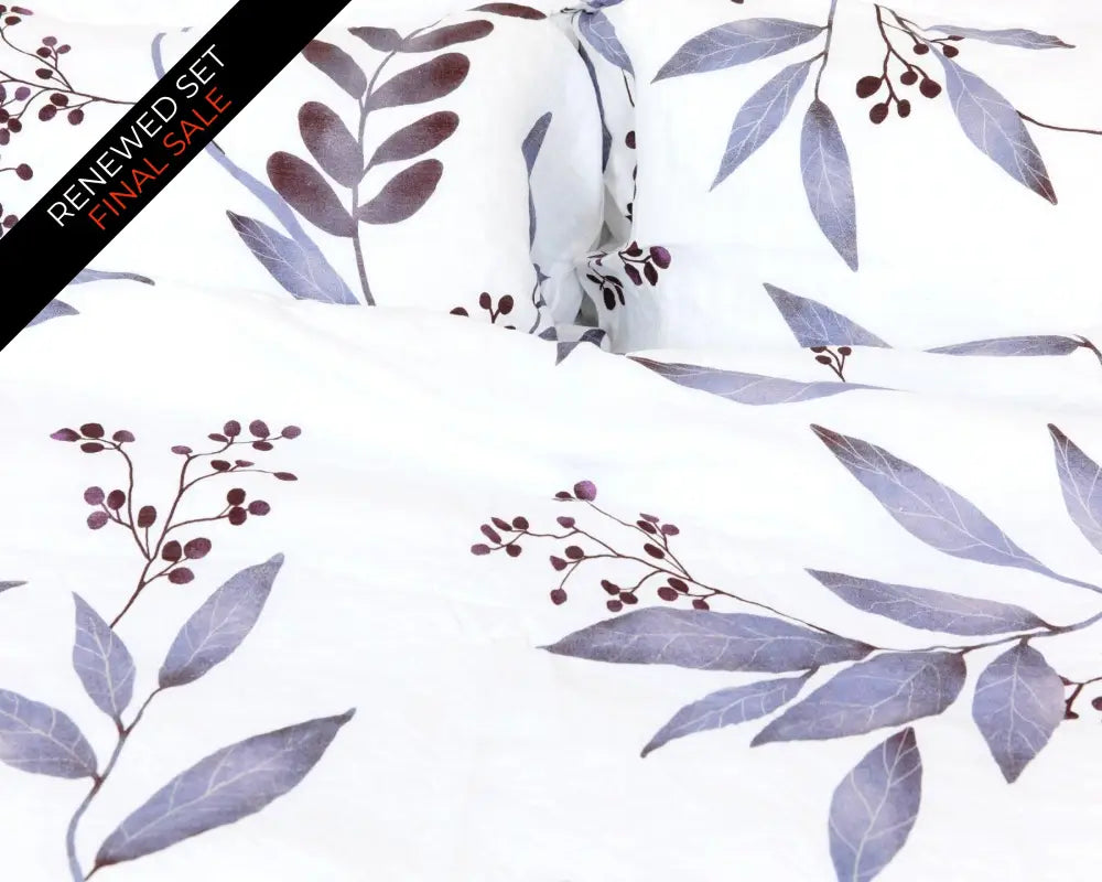 European organic linen duvet cover set in moderns Scandinavian design on white with purple leaves - Twin / Standard, Full/Queen / Standard, King/Cal-King / Standard, King/Cal-King / King