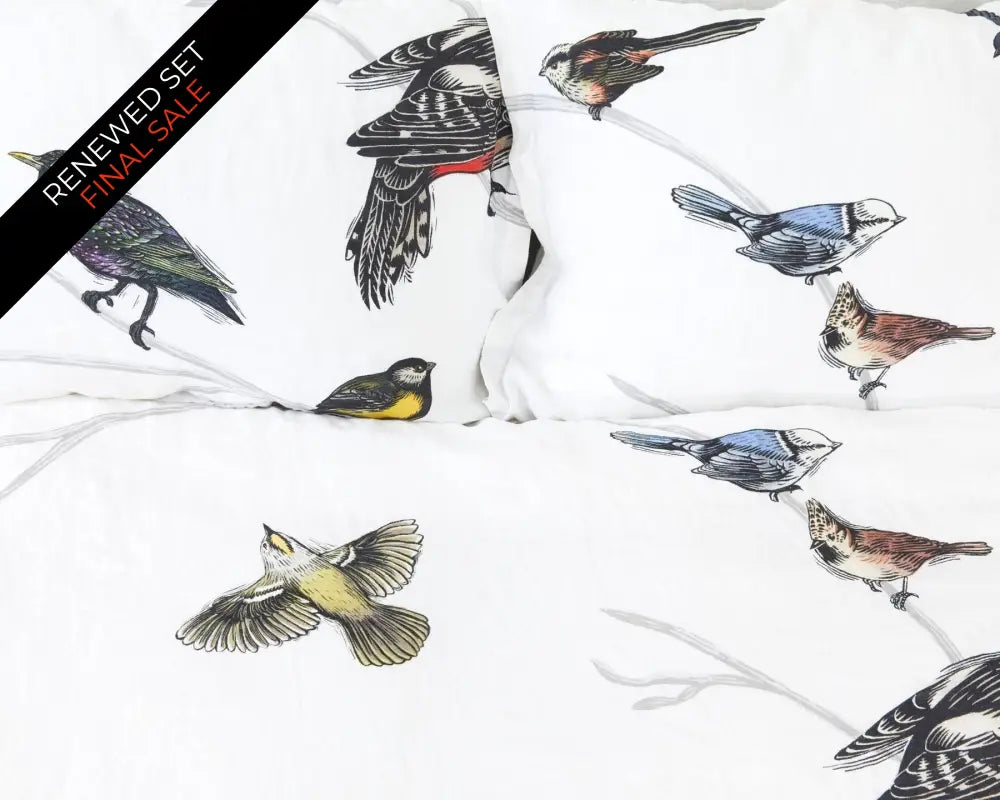Organic european linen duvet cover set with Scandinavian birds design and chambray grey backside - Twin / Standard, Full/Queen / Standard, King/Cal-King / Standard, King/Cal-King / King