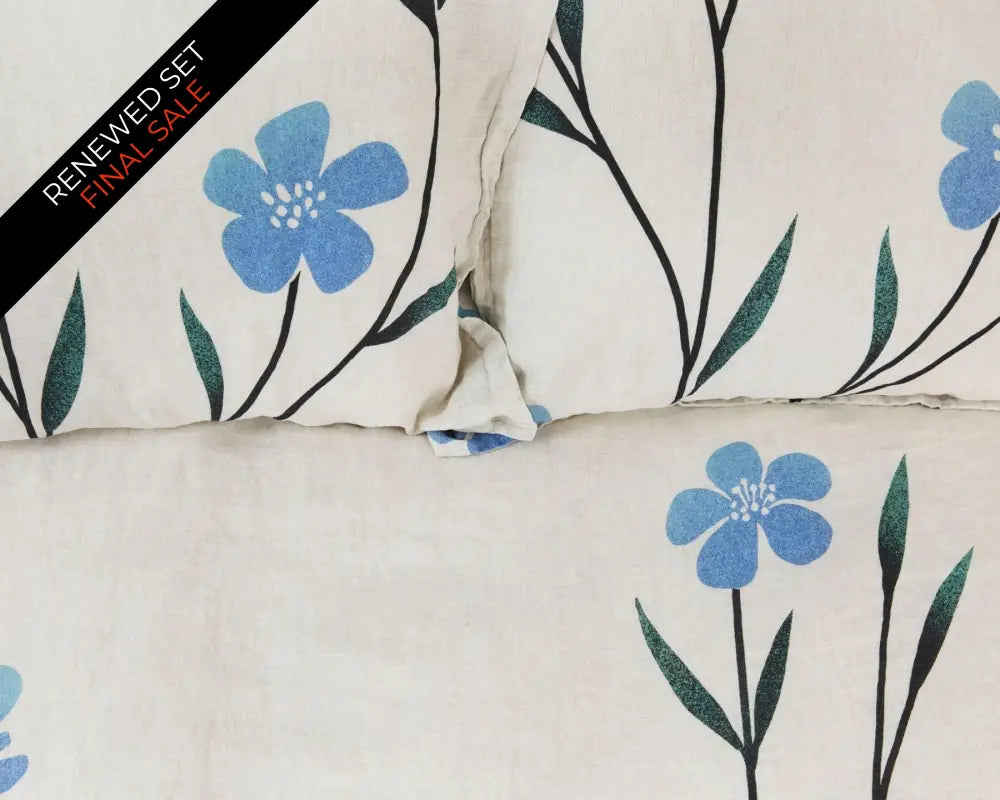 Organic European linen duvet cover on natural flax linen with Scandinavian floral design featuring blue flowers - Twin / Standard, Full/Queen / Standard, King/Cal-King / Standard, King/Cal-King / King